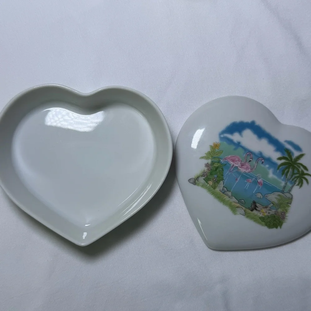 Vintage Papel Japan Flamingo Fantasy Ceramic Heart Jewelry Box Retro Home Decor